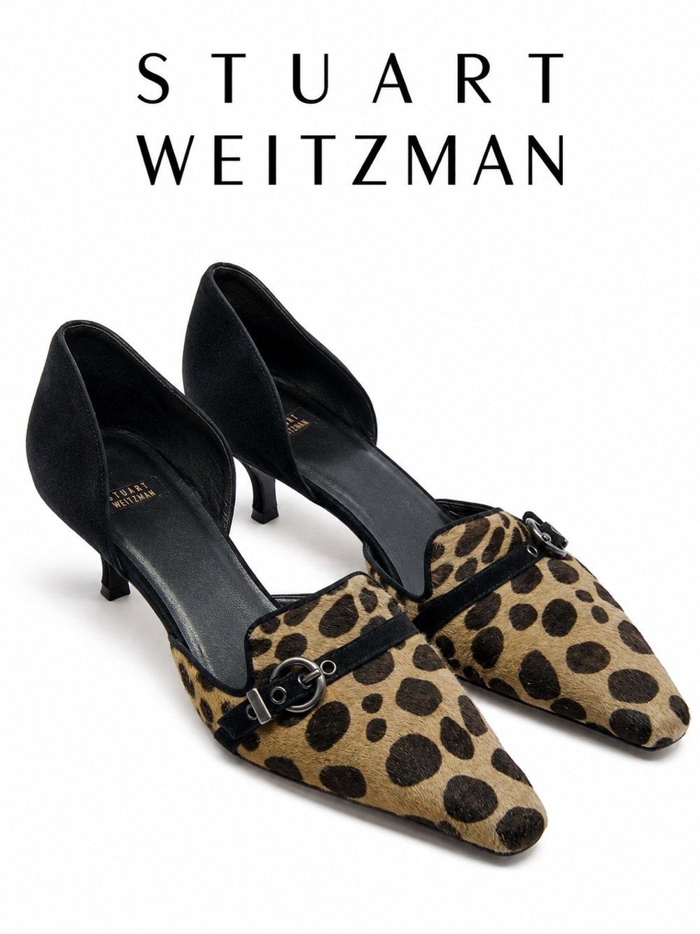 NWOT Stuart Weitzman Leopard Calf Hair Pointed Toe D’Orsay Kitten Heels Size 10